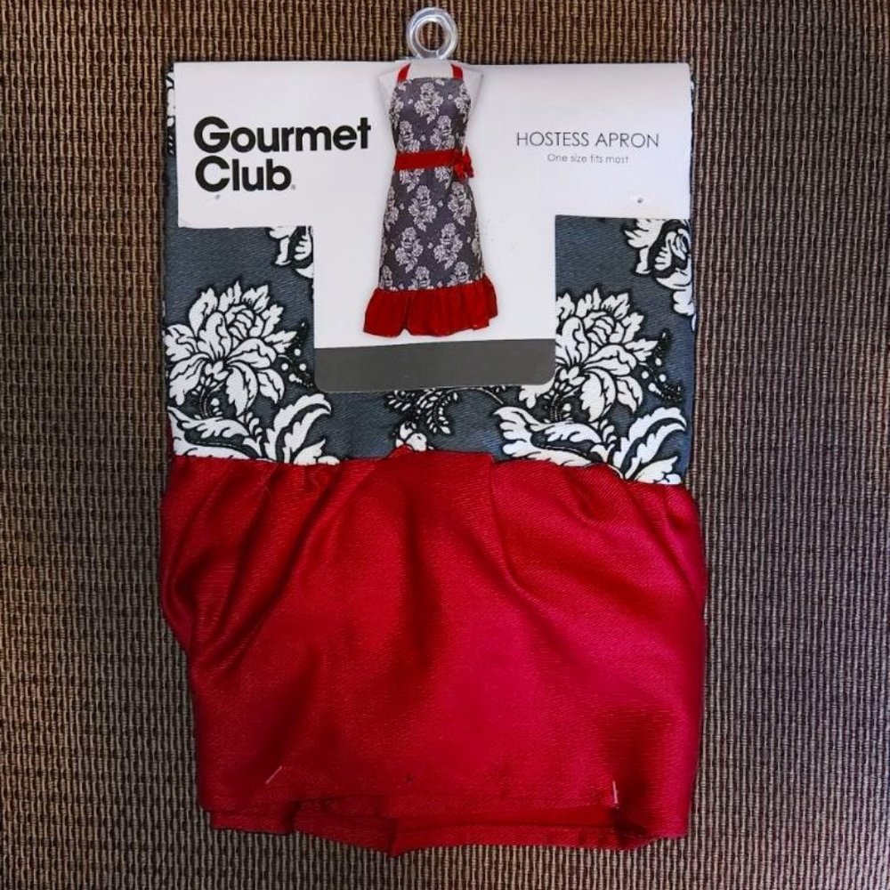 New Gourmet Club Hostess Apron Gray/White/Red Floral